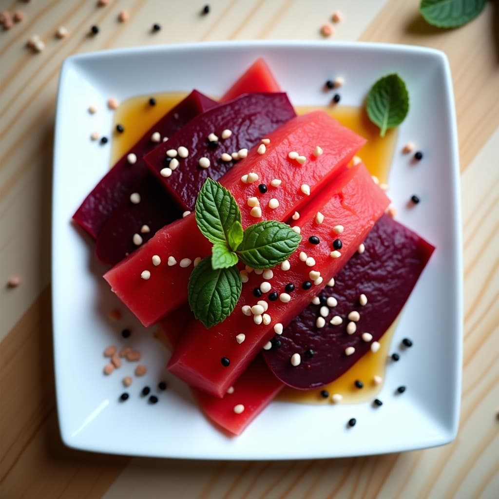 Plato blanco rectangular con tataki de remolacha y sandía en láminas finas alternadas, bañadas en vinagreta de jengibre. Decorado con semillas de sésamo negro y blanco, pimienta rosa y hojas de menta fresca. Fondo neutro con luz natural.