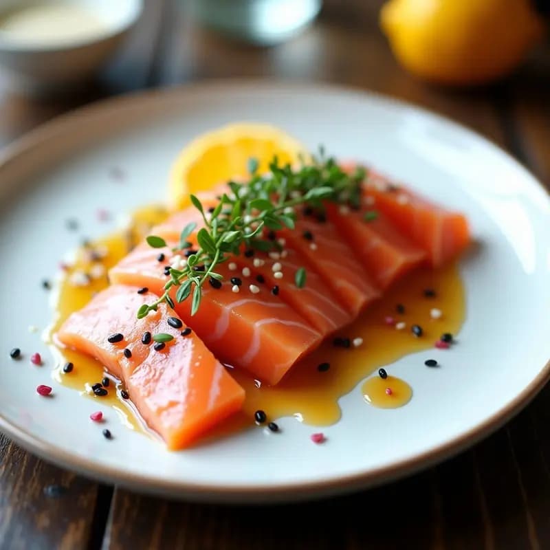 Plato blanco minimalista con láminas finas de tataki de salmón rosado sellado, bañadas en salsa cítrica dorada y decoradas con semillas de sésamo negro y blanco, cebollino picado y pimienta rosa.