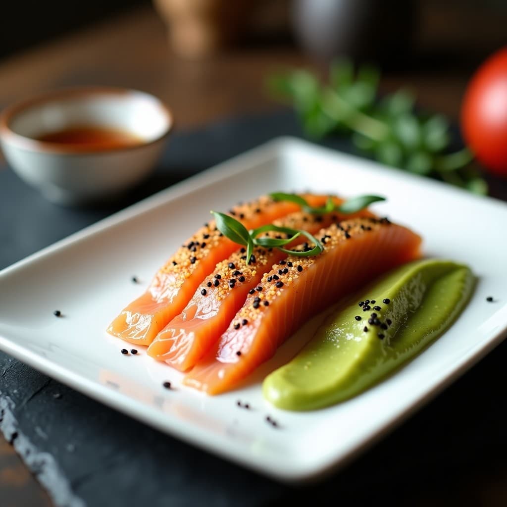 Plato de porcelana blanca con láminas de tataki de salmón con costra dorada de especias, sobre un puré de aguacate cremoso. Decorado con cebollino picado y un hilo de aceite de oliva. Receta japonesa gourmet de tataki de salmón con especias y aguacate.