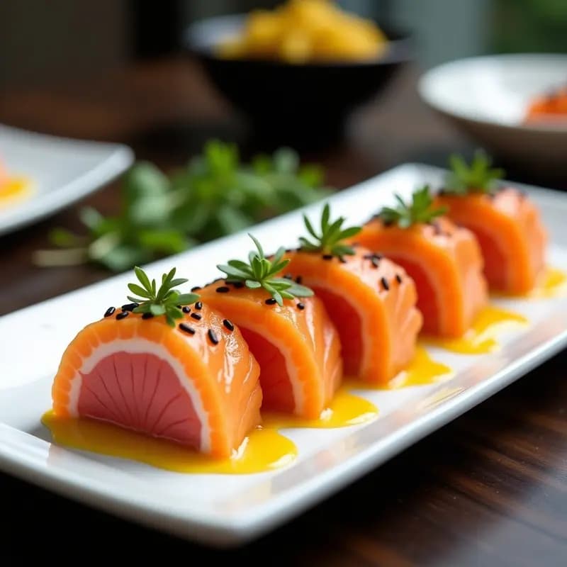 Plato blanco rectangular con tataki de salmón en rodajas rosadas, salsa amarilla de maracuyá y semillas de sésamo negro, decorado con cebollino fresco sobre fondo de madera oscura.