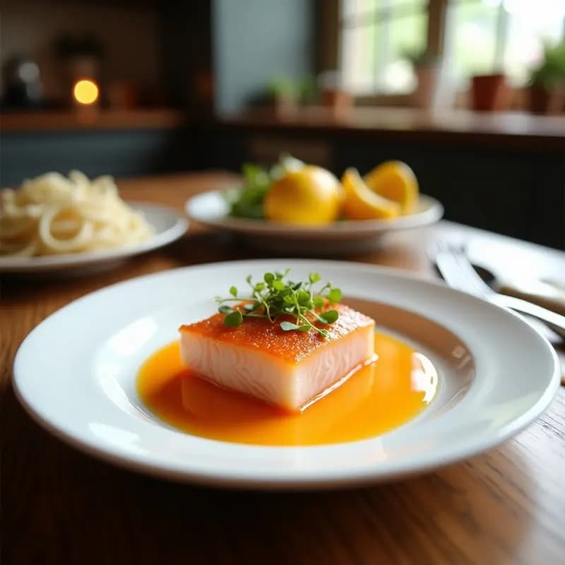 Plato rectangular blanco con tataki de salmón en rodajas finas, marinado en limón y naranja, espolvoreado con semillas de sésamo y cebollino, acompañado de salsa de soja y gajos de cítricos.