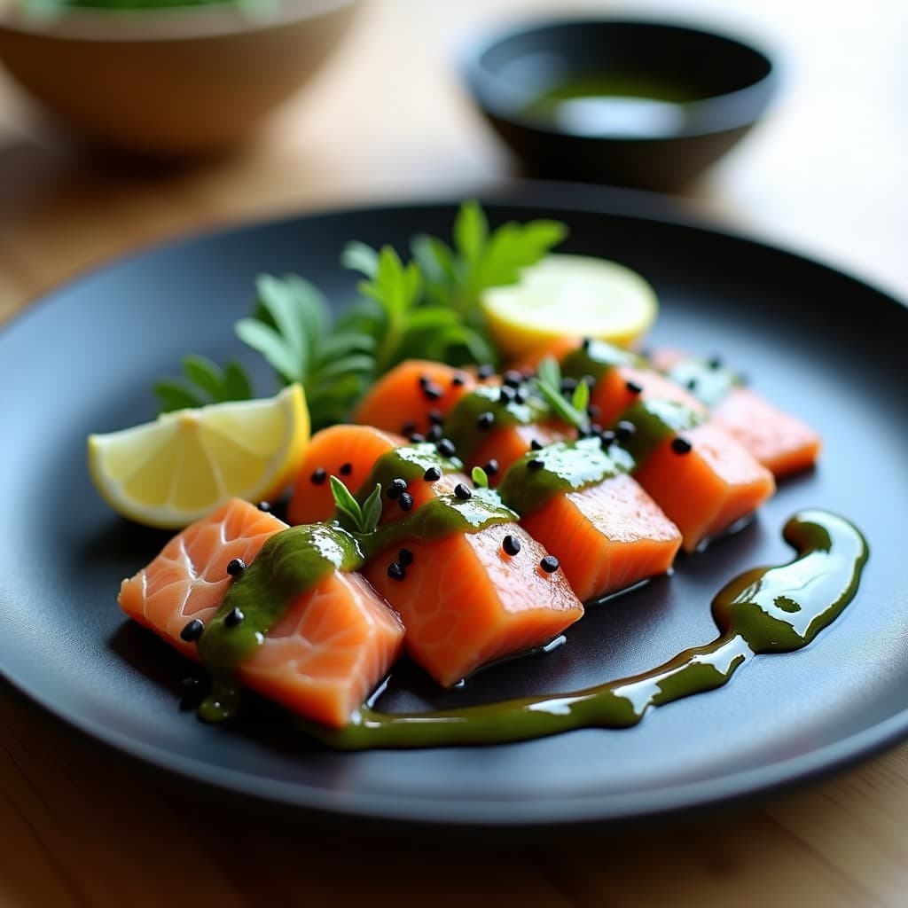 Plato minimalista japonés con tataki de salmón sellado, pesto verde de cilantro y salsa de soja reducida brillante, decorado con semillas de sésamo negro y rodajas de limón.