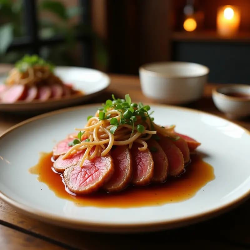 Plato rectangular de cerámica blanca con tataki de ternera en láminas finas, cebolla morada caramelizada y salsa teriyaki brillante, espolvoreado con semillas de sésamo negro y blanco, receta gourmet japonesa.
