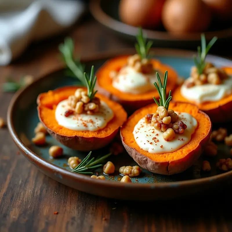 Tatas de boniato asadas rellenas de queso de cabra cremoso, espolvoreadas con nueces picadas y pimentón dulce, servidas en plato rústico de barro con hilo de miel de palma.