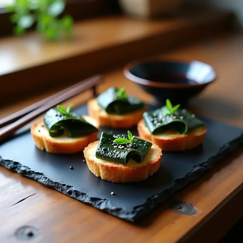 Tartín de alga nori tostada y crujiente sobre pan integral, con semillas de sésamo negro y cebollino fresco, receta japonesa rápida.