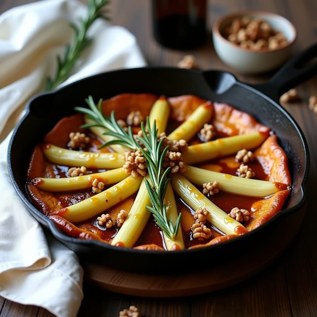 Tatín de apio y endibias al horno en sartén de hierro, caramelizado y dorado, con nueces picadas y romero fresco, servido en plato blanco.