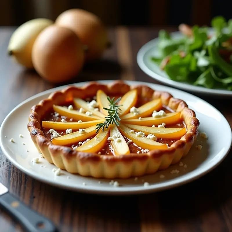 Tartaleta tatin de apio nabo caramelizado en plato de cerámica blanca, con gajos dorados y masa quebrada crujiente, espolvoreada con queso de cabra desmenuzado y hojas de tomillo fresco.