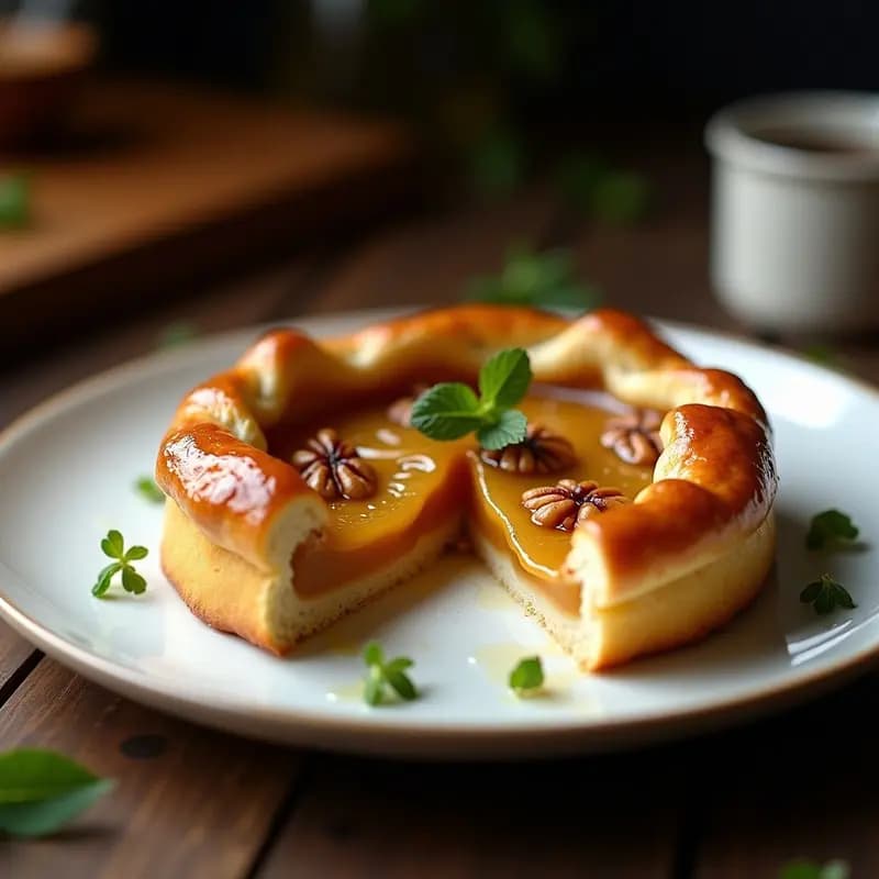 Tartaleta Tatin dorada con rodajas de apio caramelizado y nueces tostadas, servida en plato blanco sobre fondo rústico, receta de postre francés sin azúcar refinado.
