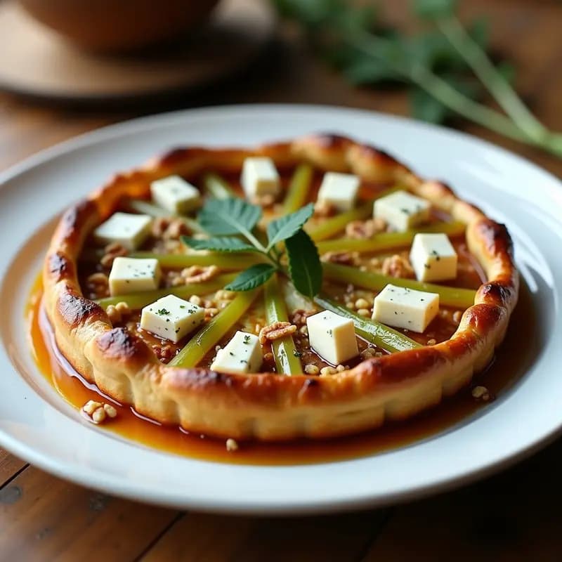 Tartaleta tatin invertida con apio caramelizado, queso azul derretido y nueces picadas sobre masa quebrada dorada, servida en plato blanco rústico.