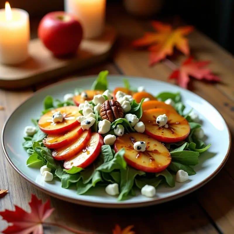Plato blanco ovalado con ensalada de rúcula, gajos de manzana caramelizada dorada, trozos de queso gorgonzola desmenuzado y nueces pecanas tostadas. Aliño brillante de vinagre balsámico y miel rociado por encima. Fondo de mesa de madera rústica con velas y hojas de otoño.