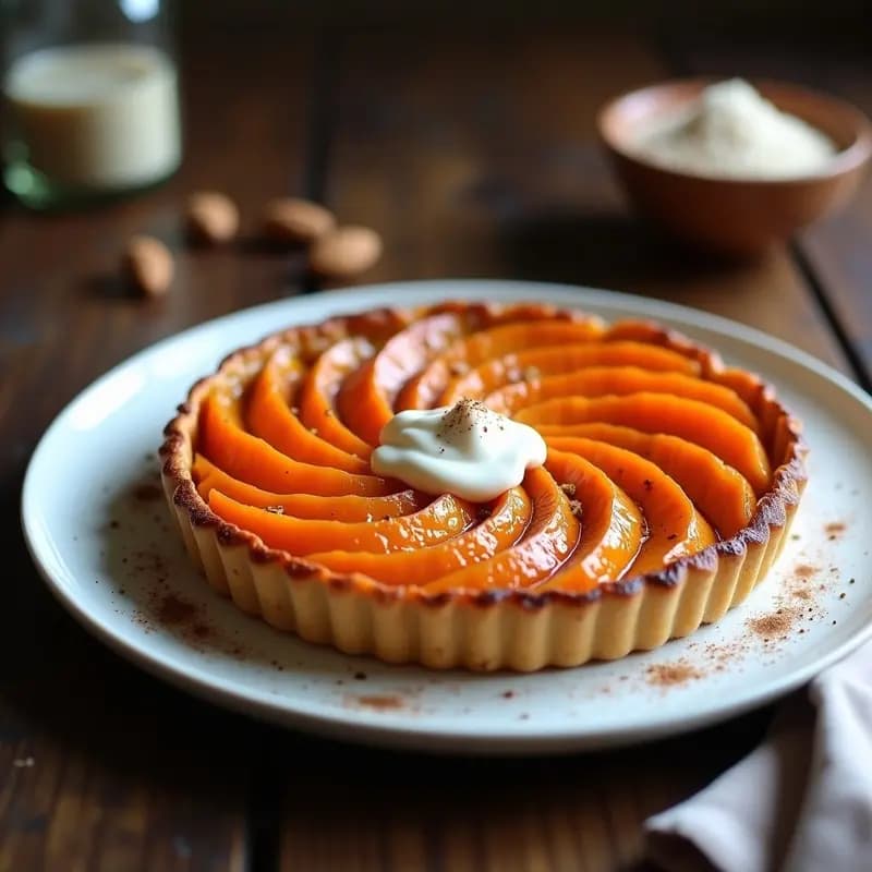 Tart tatin vegano de boniato caramelizado en plato blanco, con capas doradas de boniato y masa crujiente, servido con crema de anacardos.