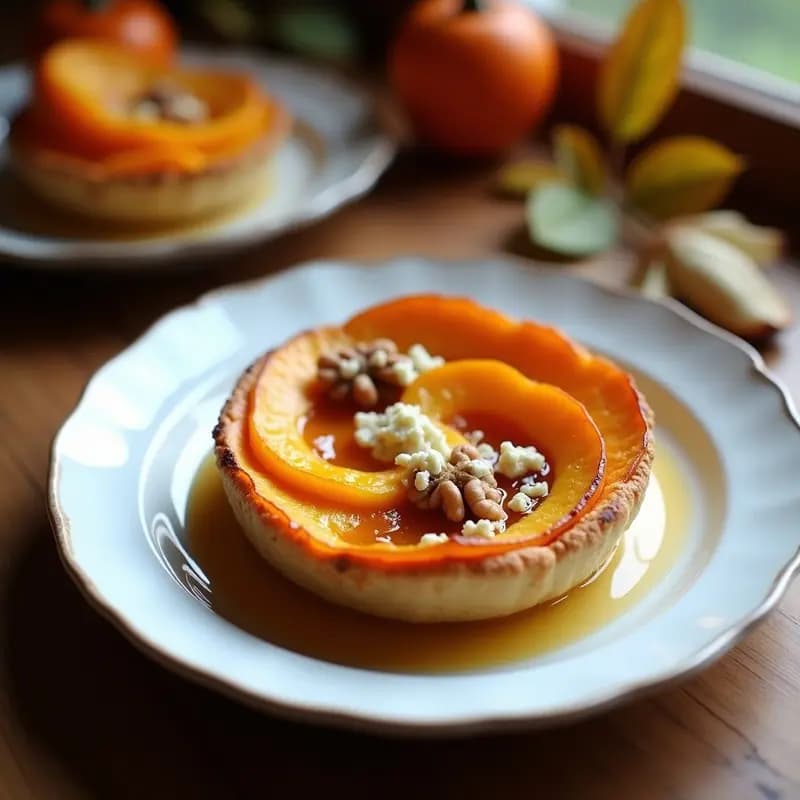 Tartaleta tatin de calabaza y queso cabrales esponjosa, con caramelo dorado en la superficie y trozos de nuez, servida en plato blanco rústico.