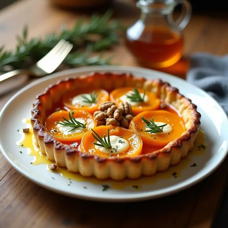 Tatin de calabaza butternut caramelizada con queso cabrales fundido y nueces picadas, servida en plato blanco sobre fondo rústico de madera.