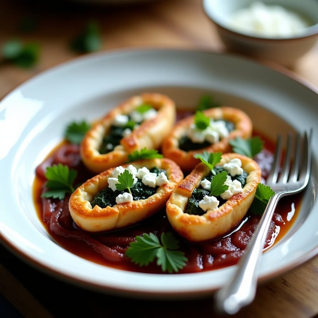 Tatin de calamares rellenos de espinacas y queso de cabra sobre cebolla caramelizada, servida en plato hondo blanco con perejil fresco.