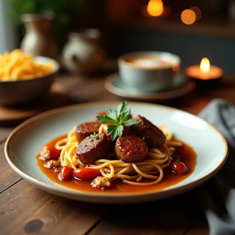 Tatín de carne caramelizada en plato octogonal, con base dorada y crujiente de masa brick, cebolla y manzana caramelizadas brillantes, y filetes de ternera jugosos en el centro.