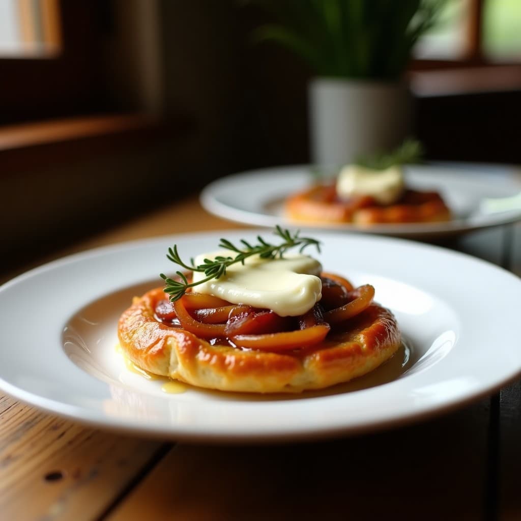 Tatin de cebolla morada y queso de cabra en plato blanco, con hojaldre dorado y cebollas caramelizadas brillantes, servida como postre salado francés.