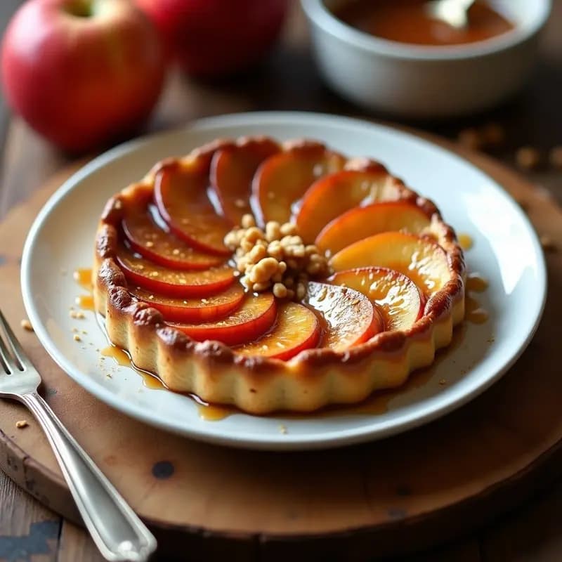 Tart Tatin vegano sin azúcar en plato de cerámica blanca, con manzanas caramelizadas con dátiles y canela, masa dorada y crujiente, decorado con nueces picadas y un toque de canela en polvo.