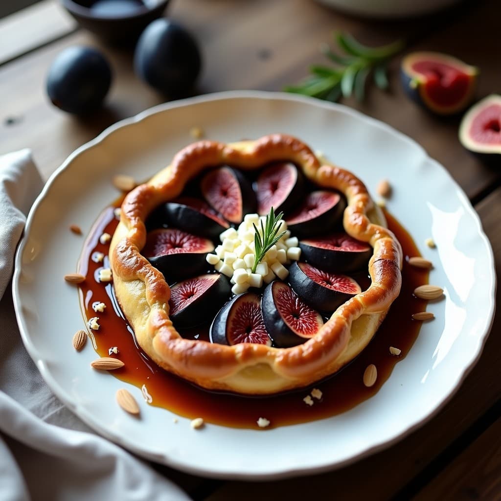 Tatin de higos negros y queso de cabra invertido en plato blanco, con caramelo dorado brillante, masa hojaldrada crujiente y almendras fileteadas tostadas por encima. Postre francés elegante con toque salado-dulce.