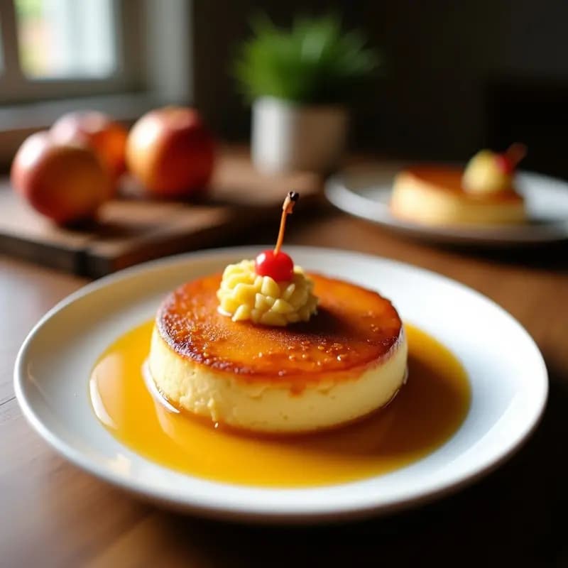 Tatin de Manzana Francesa con Masa de Almendra invertida sobre plato blanco, caramelo dorado brillante, manzanas caramelizadas perfectamente alineadas y masa de almendra dorada y crujiente. Postre sin gluten elegante con fondo borroso de cocina.