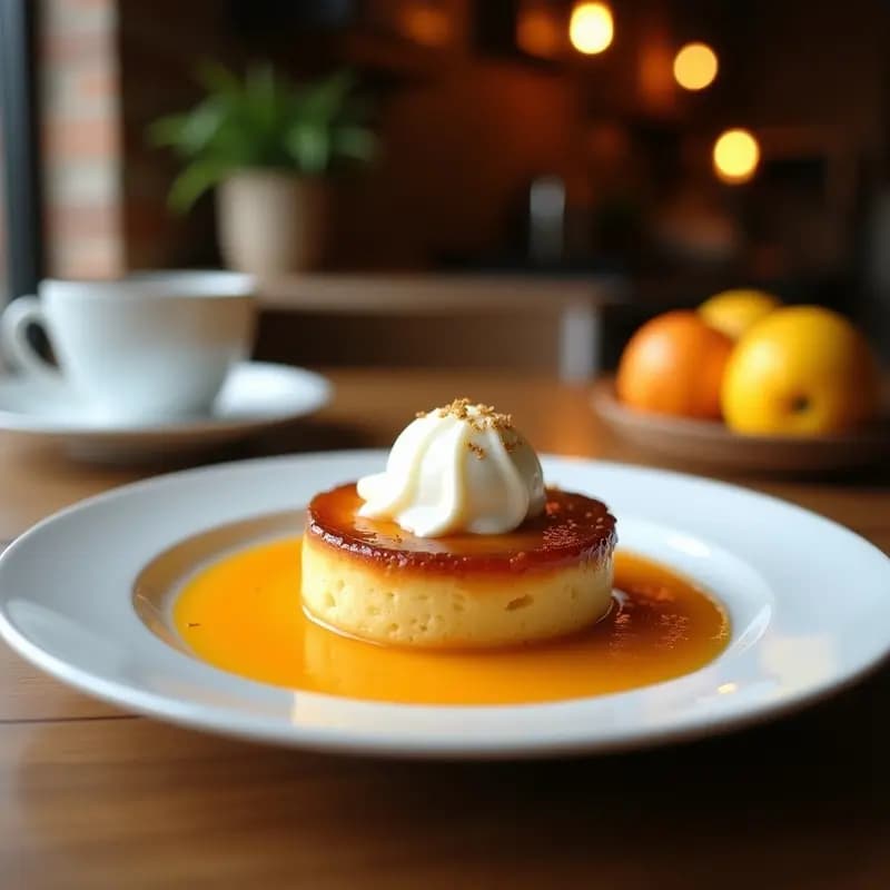 Tatin de manzana y canela con base caramelizada dorada y helado de avena cremoso sin lactosa, servido en plato de cerámica blanca con fondo de madera rústica.