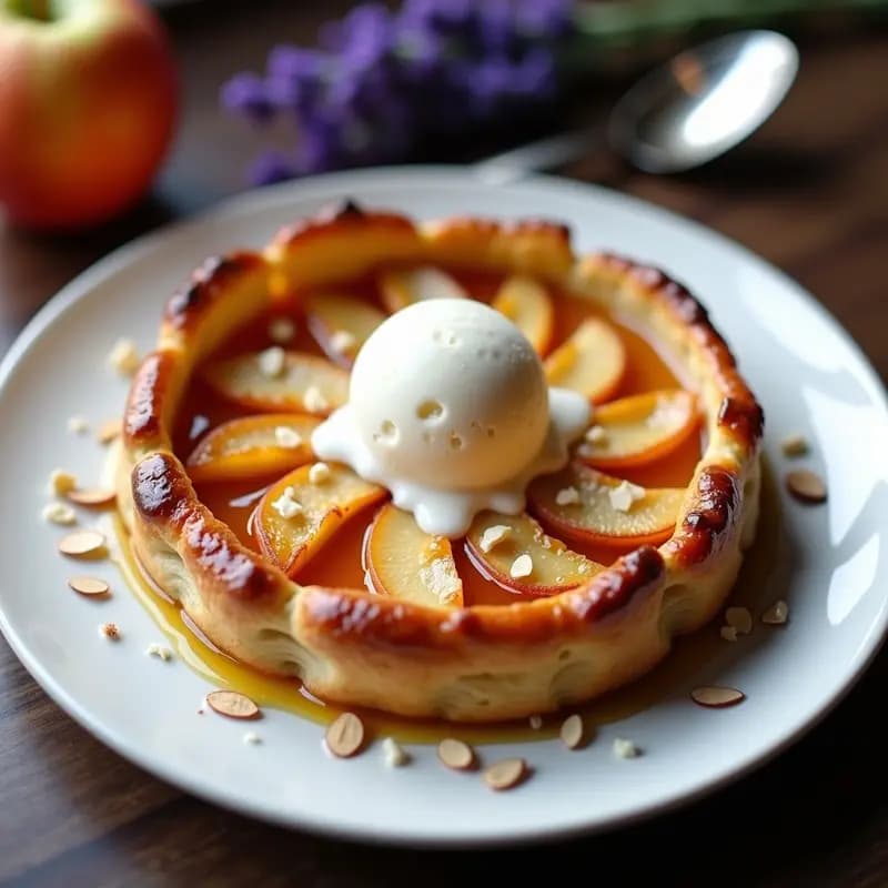 Tatin de manzana francesa recién horneada en sartén de hierro, volteada sobre plato blanco con caramelo dorado burbujeante y gajos de manzana perfectamente dispuestos. Acompañada de una bola de helado de vainilla cremoso y espolvoreada con canela.