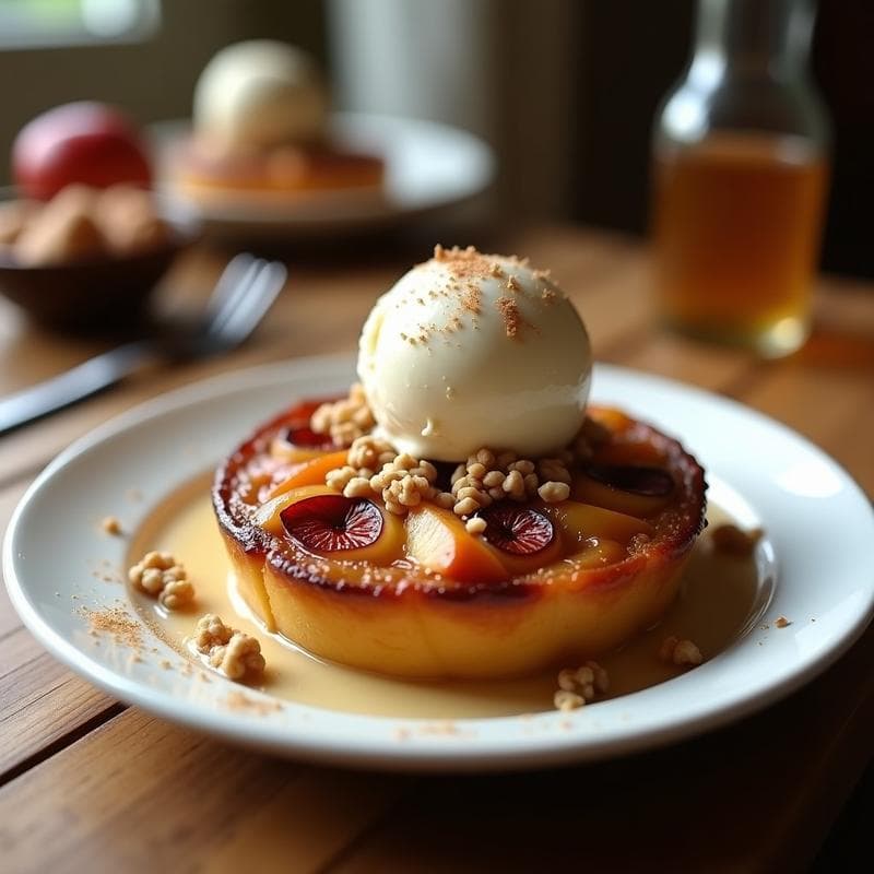 Tatin de manzana y higo caramelizada en sartén, con gajos dorados de manzana y higos tiernos, servida en plato blanco con bola de helado de vainilla sin azúcar y nueces picadas encima.
