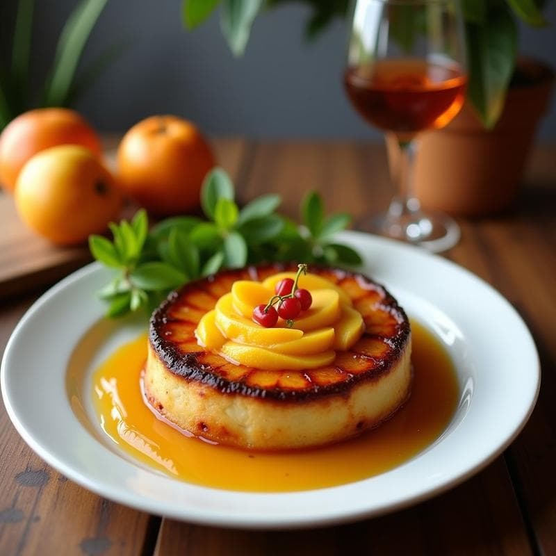 Tatin de Manzana y Jengibre sin gluten con base de avena dorada, manzanas caramelizadas y un toque de jengibre, servido en plato rústico con fondo de caramelo brillante.