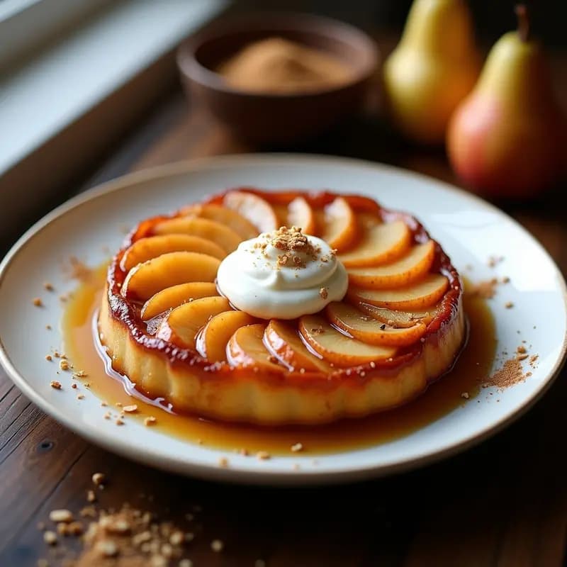 Tatin de manzana y peras con mascarpone vegano sin azúcar, postre francés dorado con capas de frutas caramelizadas y crema de anacardos, servido en plato blanco rústico con decoración de hilo de caramelo de dátiles.