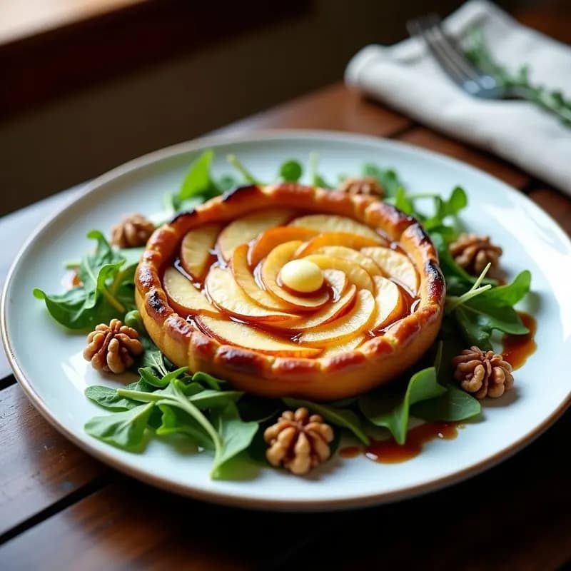 Tatin de manzana y queso de cabra dorado en plato rústico, con caramelo brillante y ensalada de rúcula fresca, nueces tostadas y reducción de vinagre balsámico alrededor. Entrante francés dulce-salado elegante.