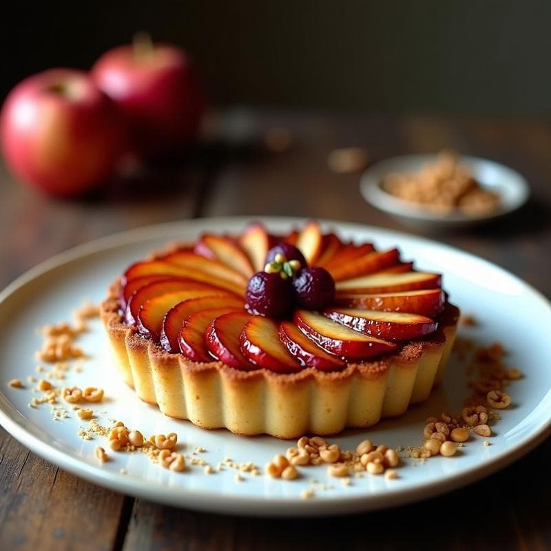 Tatin de manzana y remolacha vegano sin azúcar, con caramelo dorado de dátiles y rodajas de manzana y remolacha dispuestas en espiral sobre un plato blanco rústico.