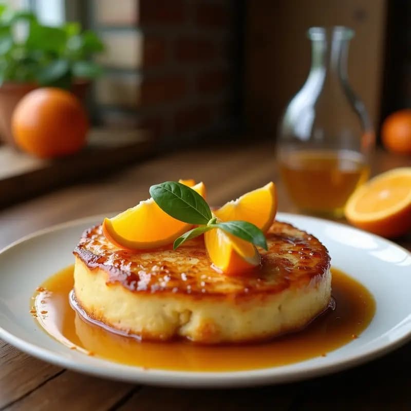 Tatin de manzana y sidra con masa integral sin azúcar, servido en plato blanco con caramelo brillante y gajos de manzana dorados. Postre francés saludable.