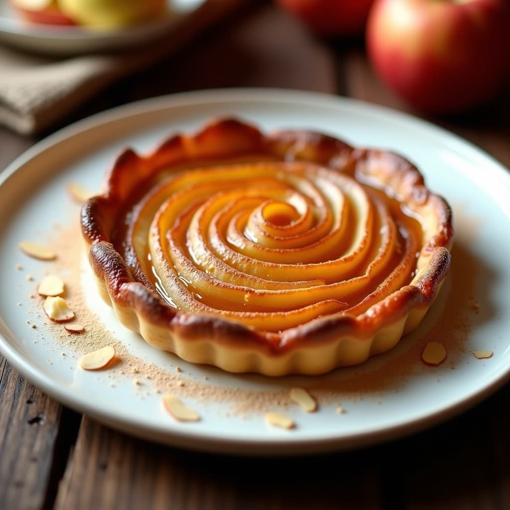 Tatin de manzana dorado con caramelo brillante y base de almendra, servido en plato blanco con fondo rústico, receta sin azúcar con stevia.