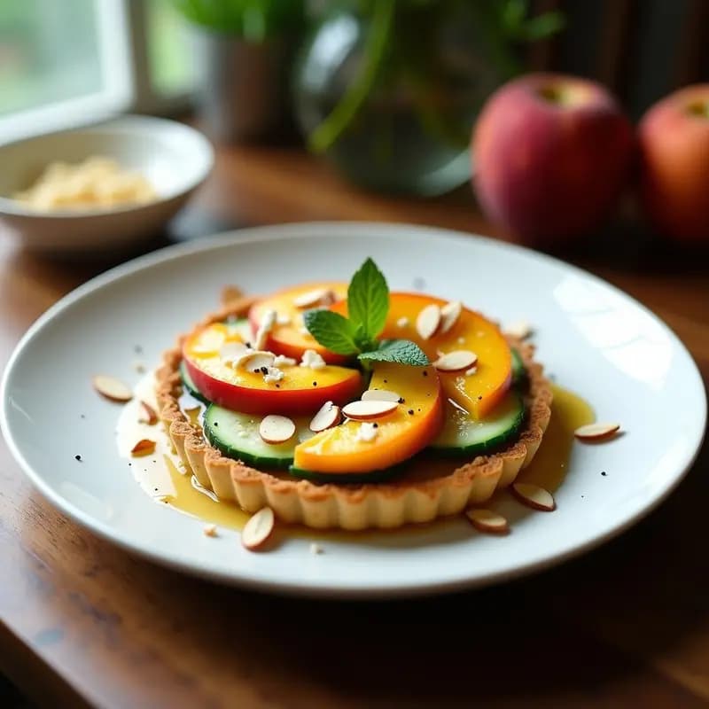 Plato blanco con tatín de pepino y melocotón caramelizado, queso de cabra dorado, almendras fileteadas y hojas de menta fresca, receta fresca y elegante.