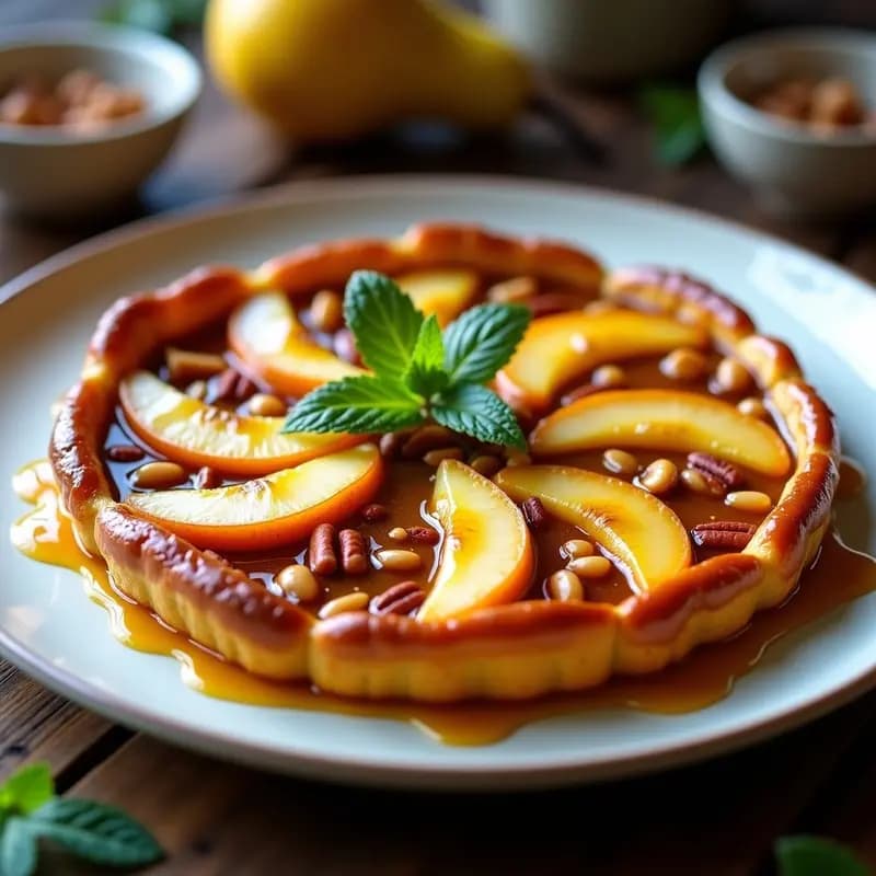Tatin de peras doradas caramelizadas con un caramelo dorado de cúrcuma, servido en plato blanco rústico con nueces pecanas picadas y un toque de canela. Postre francés antiinflamatorio y saludable.