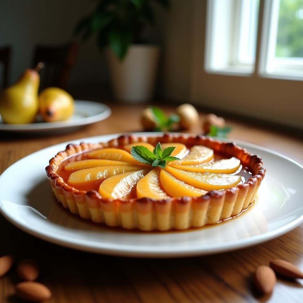 Tatin de peras y cardamomo con base de almendras dorada, caramelo brillante especiado y almendras fileteadas tostadas, servida en plato blanco sobre fondo rústico de madera.