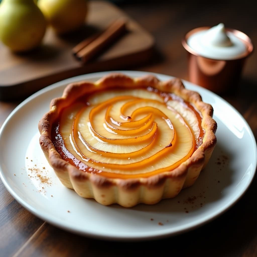 Tatin de peras con caramelo dorado de eritritol sobre plato de cerámica blanca, con masa de almendra crujiente y peras tiernas. Postre francés keto y sin azúcar, decorado con una ramita de canela.