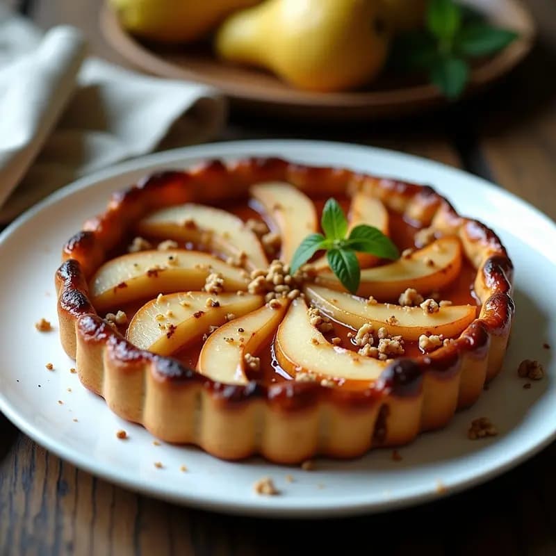 Tatin de peras y queso azul sin azúcar en plato blanco rústico, con peras caramelizadas doradas, queso azul desmenuzado fundido y nueces picadas tostadas. Caramelo brillante de eritritol y toque de canela. Postre francés gourmet keto y saludable.