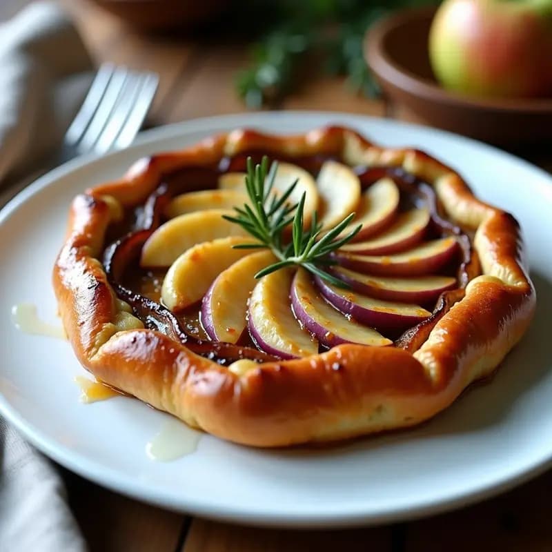 Tarte tatin salada de queso cabral en plato de cerámica, con caramelo dorado y masa de hojaldre crujiente, acompañada de cebollas moradas y manzanas verdes.