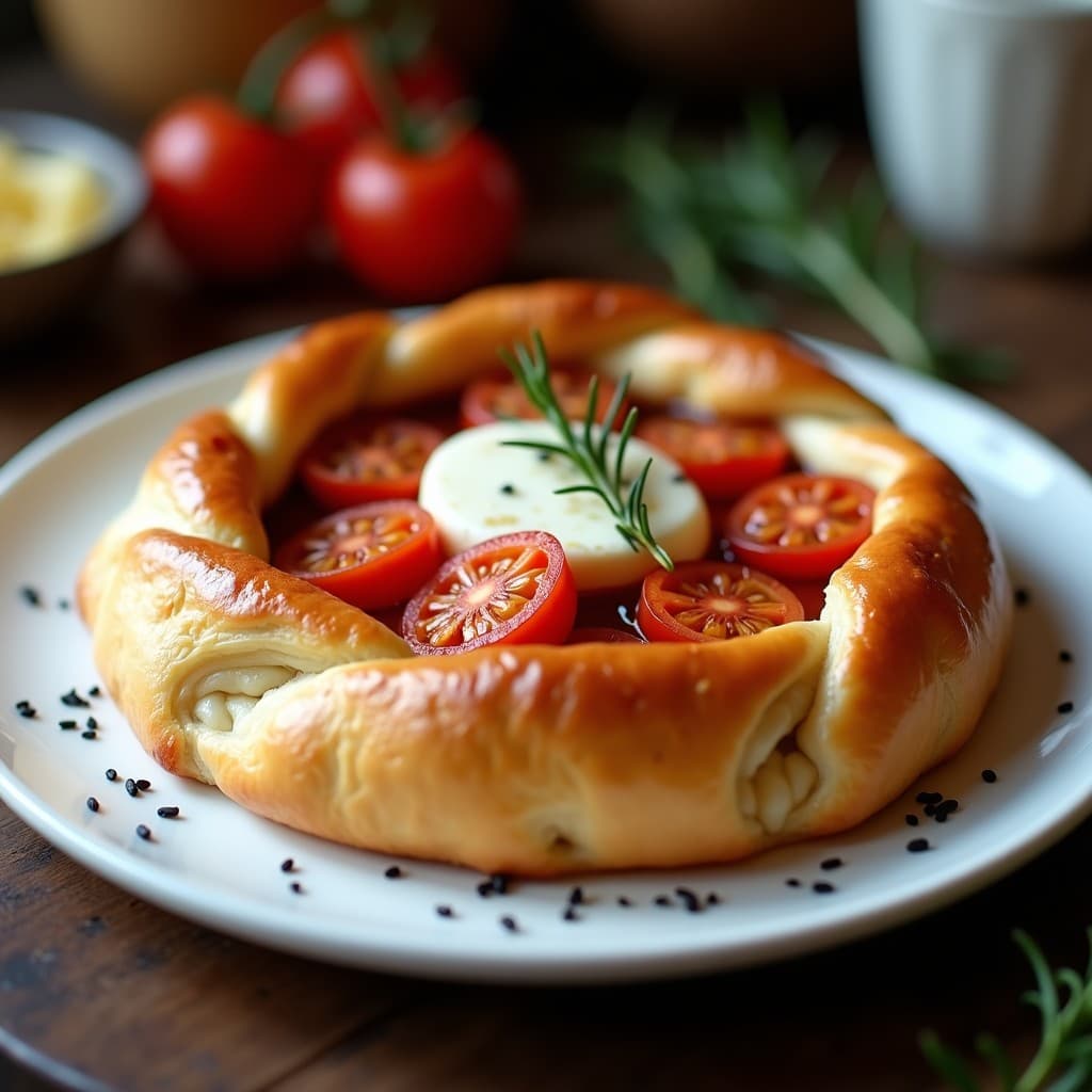 Tatin de tomate cherry y queso de cabra en airfryer, postre salado francés con hojaldre dorado, tomates caramelizados y queso cremoso, servido en plato blanco sobre fondo rústico.