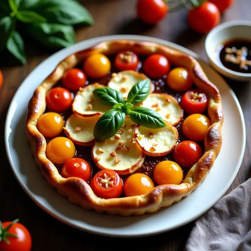Tatin de tomate y queso de cabra con albahaca fresca en plato blanco, base dorada caramelizada con tomates cherry brillantes, queso de cabra gratinado y hojas de albahaca verde vibrante. Receta francesa dulce-salada.