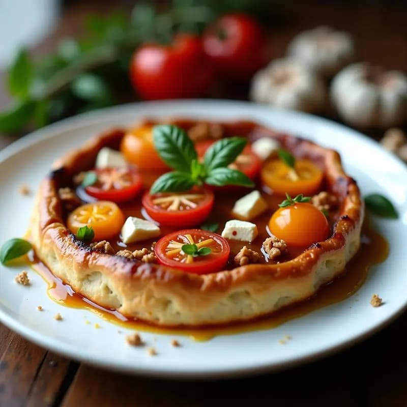 Tatin de tomates cherry y queso de cabra en sartén invertida, con caramelo dorado, masa brisa crujiente y albahaca fresca como decoración. Plato elegante de entrante francés.