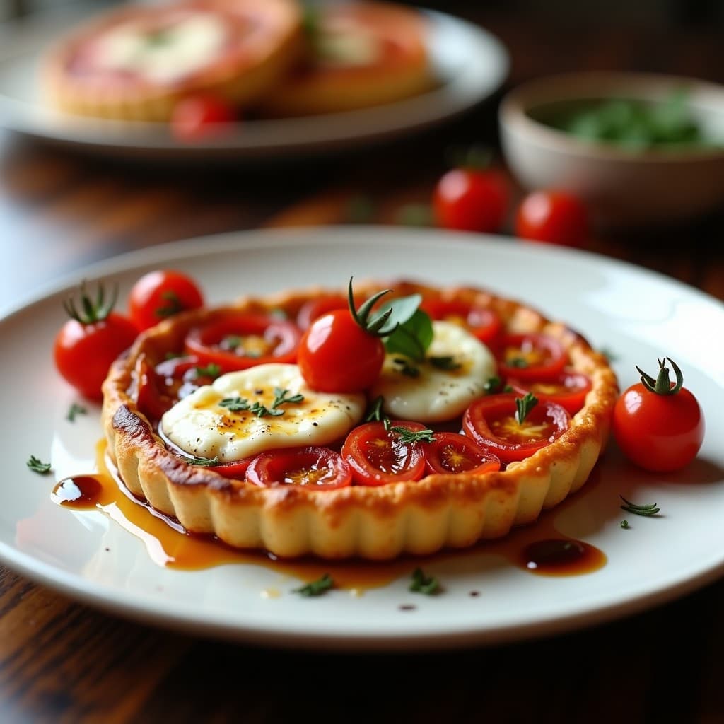 Tatin de tomates cherry y queso de cabra en plato de barro, con tomates caramelizados dorados, queso de cabra fundido y reducción de vinagre balsámico brillante, decorado con romero fresco y almendras tostadas.