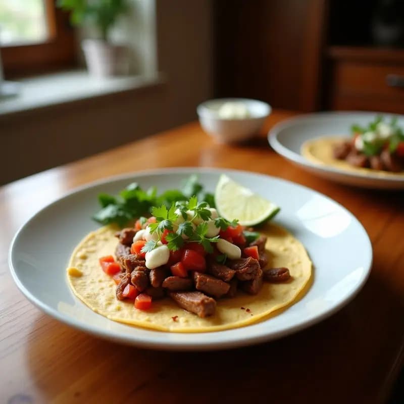 Plato de T_co de carne desmenuzada con salsa de ciruelas en wok, servido sobre arroz basmati blanco, decorado con semillas de sésamo y hojas de cilantro fresco. La salsa brillante y espesa cubre la carne, mientras el pimiento rojo y la cebolla morada añaden color al conjunto.