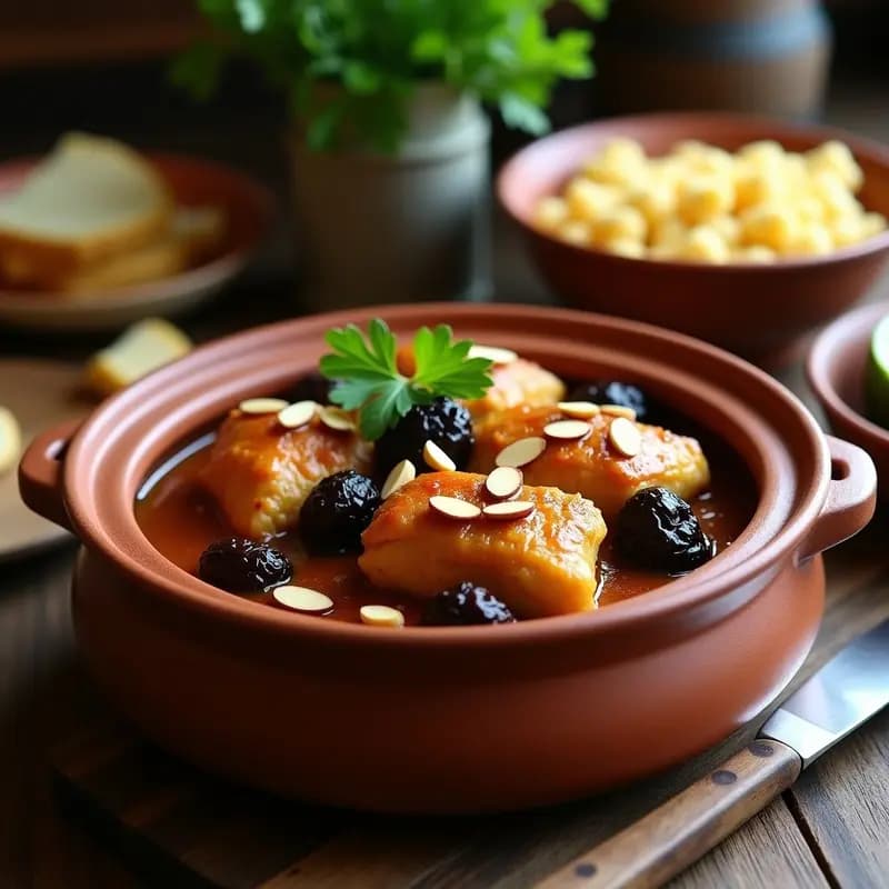 Plato hondo de barro con Tceram de Pollo con Ciruelas y Almendras, muslos de pollo dorados bañados en salsa espesa con ciruelas pasas y almendras tostadas, decorado con hojas de laurel y canela en rama. Receta judía sefardí tradicional para ocasiones especiales.