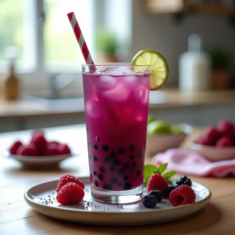 Vaso alto transparente con té de burbujas de frutos del bosque y chía, mostrando capas de líquido morado oscuro, perlas de chía negras y blancas, hielo y una pajita ancha. Decorado con frambuesas frescas y una rodaja de limón al borde del vaso.