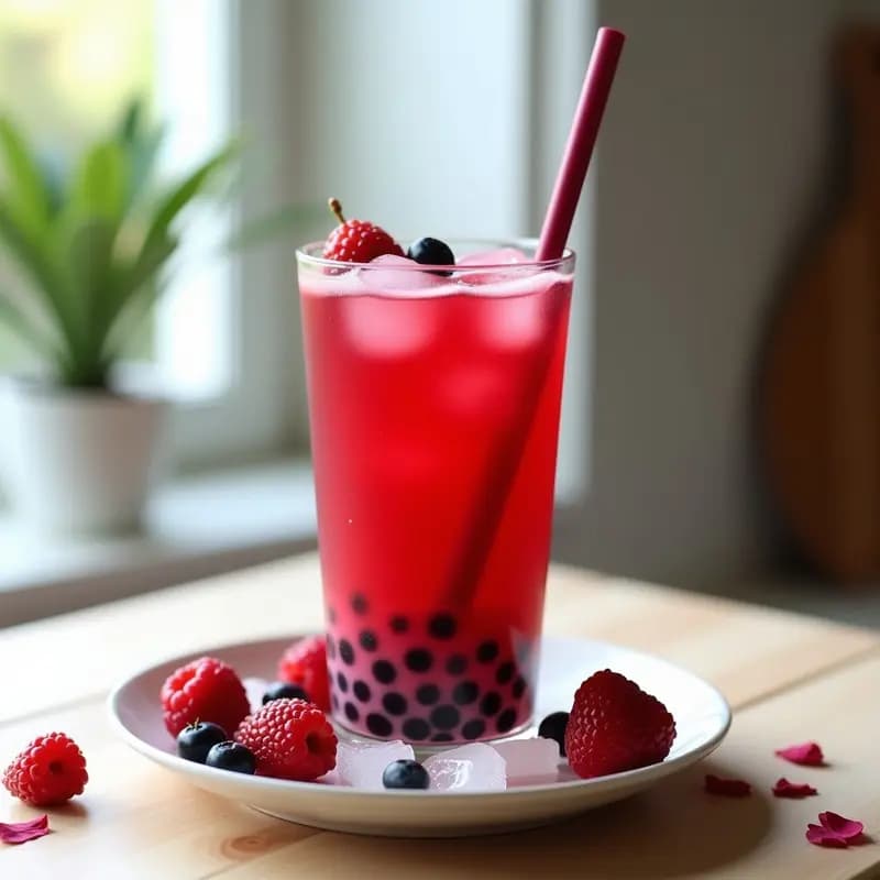 Vaso alto transparente con té de burbujas de frutos rojos, perlas de tapioca oscuras en el fondo, líquido rosado con burbujas, hielo picado y hojas de menta fresca como decoración. Bebida taiwanesa antioxidante y sin azúcar.