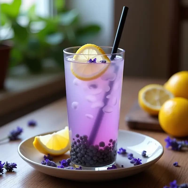Vaso alto transparente con té de burbujas de lavanda y limón, perlas de chía negras en el fondo, rodajas de limón en el borde y pétalos de lavanda flotando. Bebida refrescante y relajante sin azúcar, con pajita negra y burbujas visibles.
