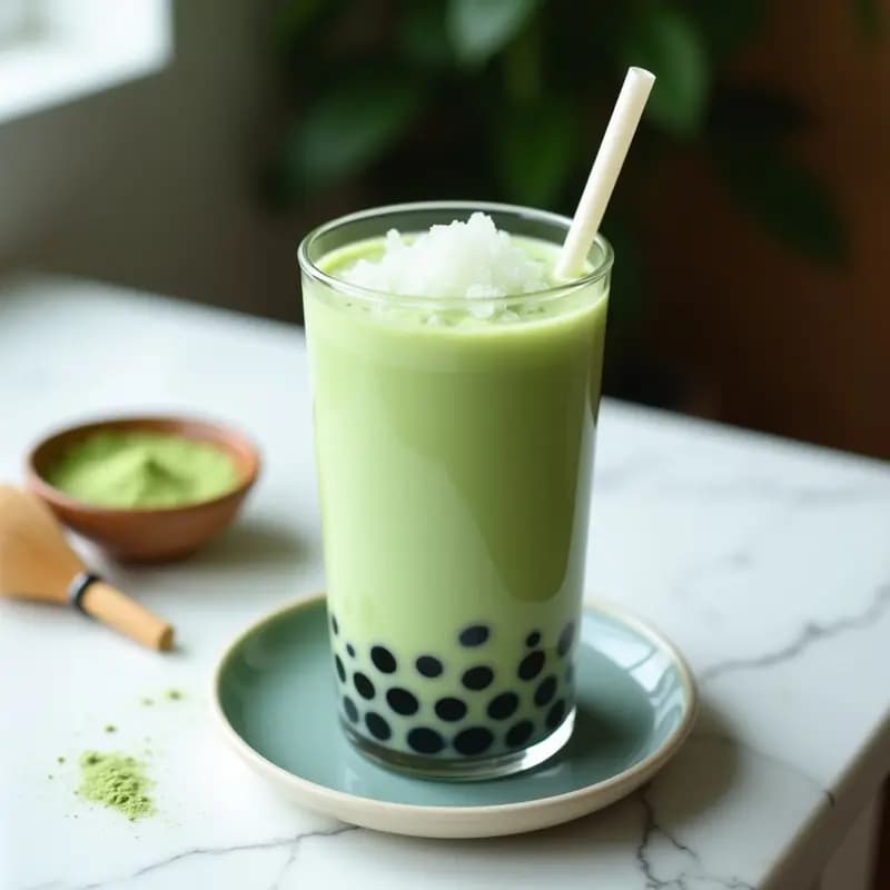 Vaso alto transparente con Té de Burbujas con Leche de Avena y Matcha, perlas de tapioca negras en el fondo, líquido verde cremoso, hielo y pajita ancha, sobre fondo blanco con detalles modernos.