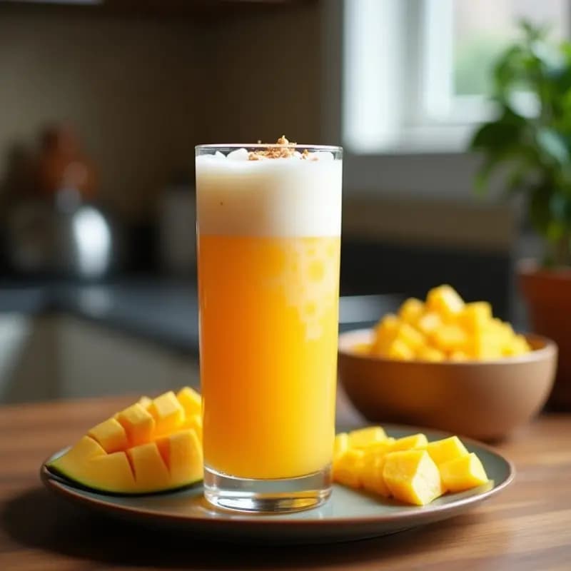 Vaso alto transparente con té de burbujas de mango y leche de coco taiwanés, capas visibles de puré de mango amarillo vibrante, té negro oscuro y leche de coco cremosa, perlas de tapioca negras en el fondo, pajita ancha y rodaja de mango como decoración, fondo borroso con tonos tropicales.