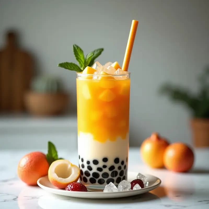 Vaso alto transparente con té de burbujas de mango y lichi con tapioca, capas doradas y blancas, perlas de tapioca negras en el fondo, trozos de mango y lichi frescos, paja ancha y hielo. Bebida taiwanesa vegana refrescante.